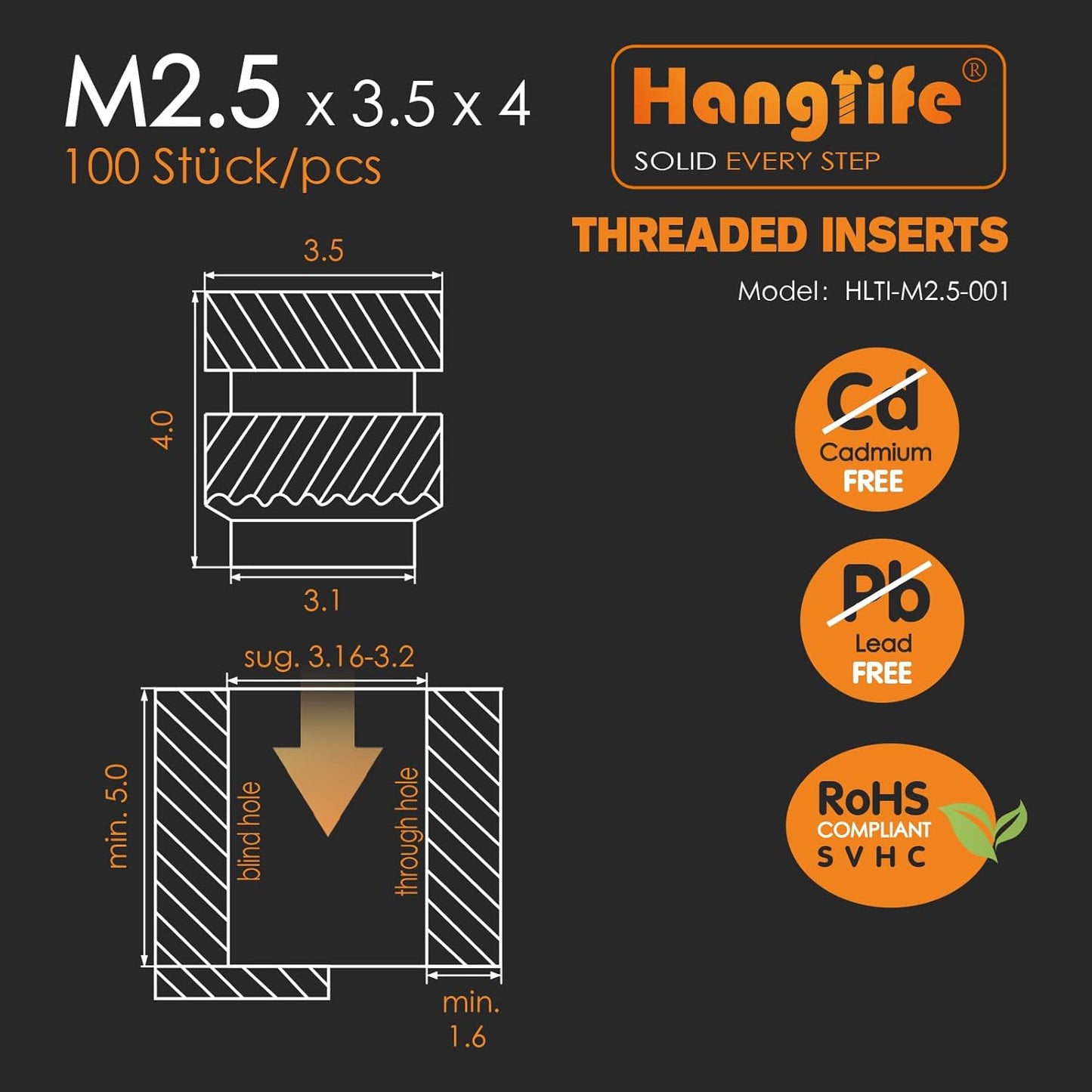 HANGLIFE Heat-Set Threaded Inserts, M3 Heat Set Insert for 3D Printing Components and Plastic Parts - Brass Metric Knurled Nuts (100 Pieces)