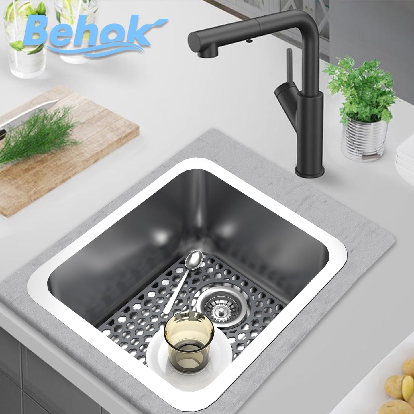 BEHOK 2 Pack Silicone Sink Protector for Kitchen Sink Bathroom Sink 13.58"x 11.6" Sink Mat, Non-Slip and Durable Silicone Sink Grid, Rear Drain (Gray)