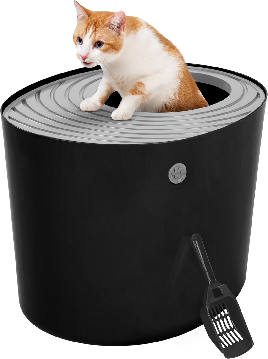 IRIS USA Top Entry Cat Litter Box with Scoop - Large - Stylish Enclosed Round Oval Kitty Dog Proof Box, Litiere Pour Chat Bac - White/Beige