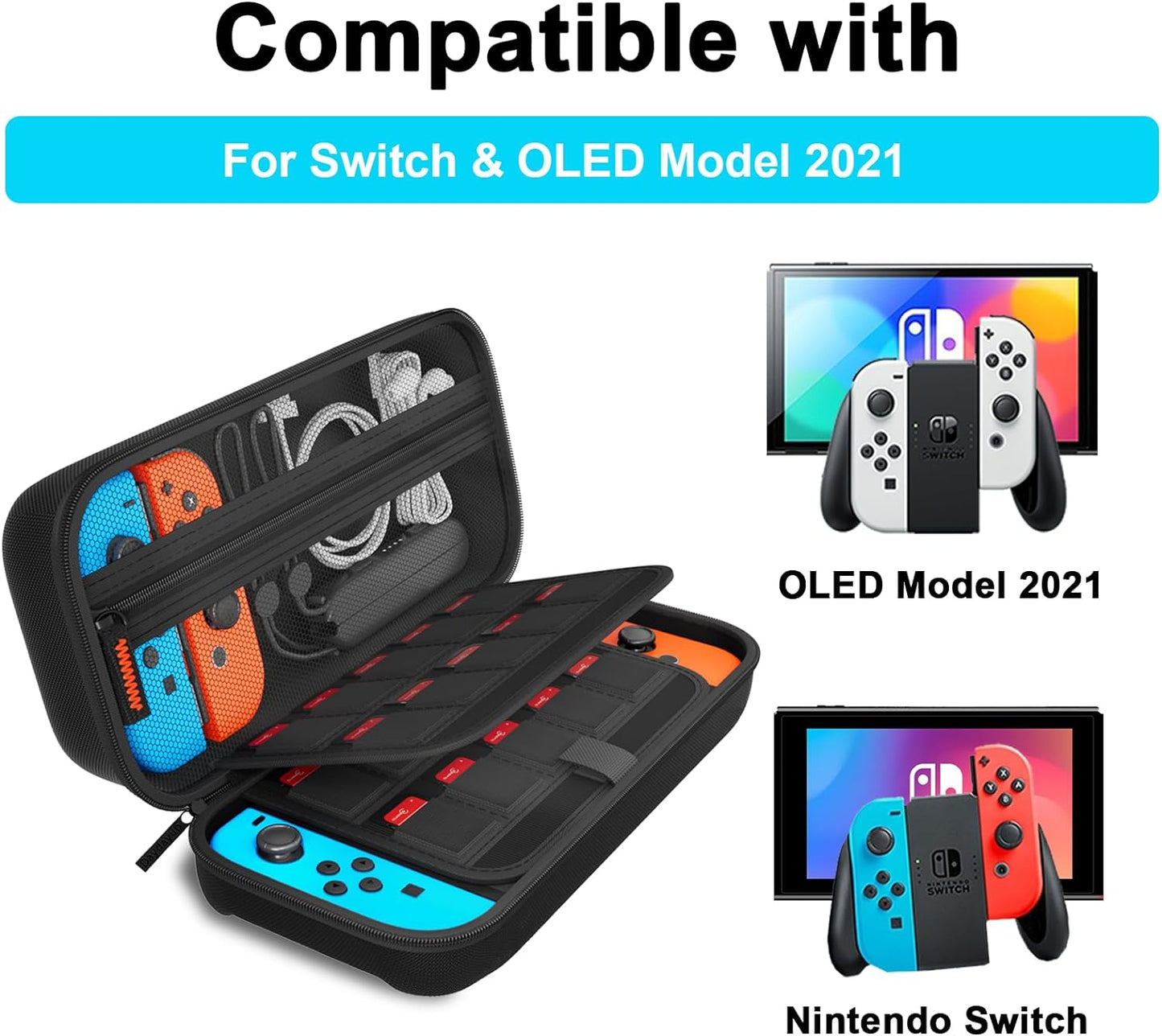 Daydayup Switch Carrying Case Compatible with Nintendo Switch/Switch OLED, with 20 Games Cartridges Protective Hard Shell Travel Carrying Case Pouch for Console & Accessories, Black