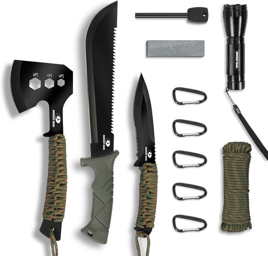 Mossy Oak Axe and Fixed Blade Knife with Sheath, One-Piece Camping Hatchet and Hunting Knife with Rope Handle, Includes Zoomable Tactical Flashlight and Many Other Tools, 15 Pieces Camping Tool Set - PuriLite