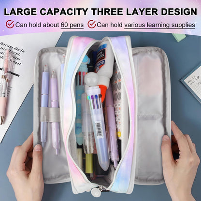 Big Capacity Pencil Case, OLIYuMi 3 Compartment Pencil Pouch Pencil Bag Storage Box Stationery Organizer Makeup Bag with Zipper Closure for Student Office College Boys and Girls (Pink)