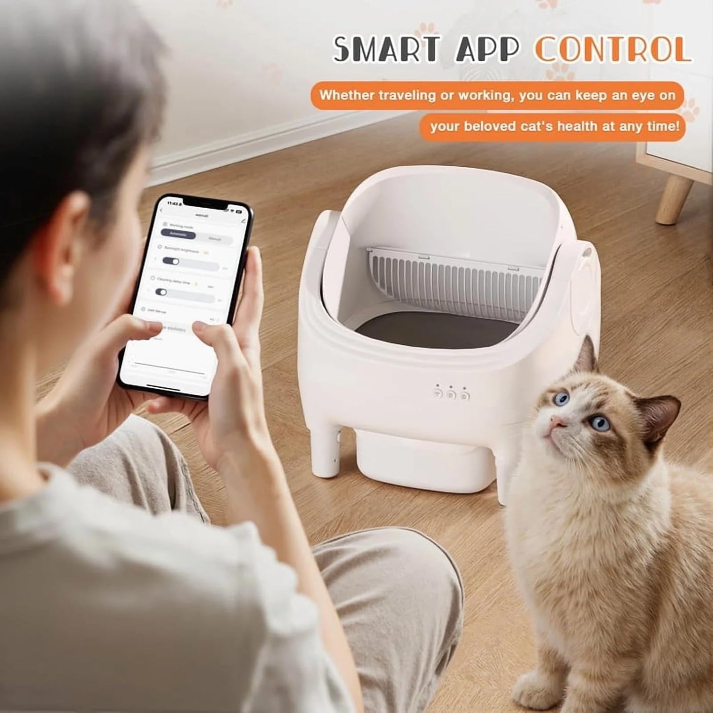GUNJI Self Cleaning Cat Litter Box, Open-Top Automatic Self-Cleaning Litter Box, Design for Multi-Cat Families, Integrated Safety Protection, Includes Trash Bags (Brown)
