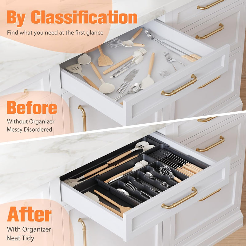 Ceecysaa Cutlery Tray Drawer Organizer with Removable knife blocks, Expandable Utensil Tray for Kitchen,Adjustable Plastic Storage and Storage Drawer Divider for Spoons Forks Knives,Large, Black
