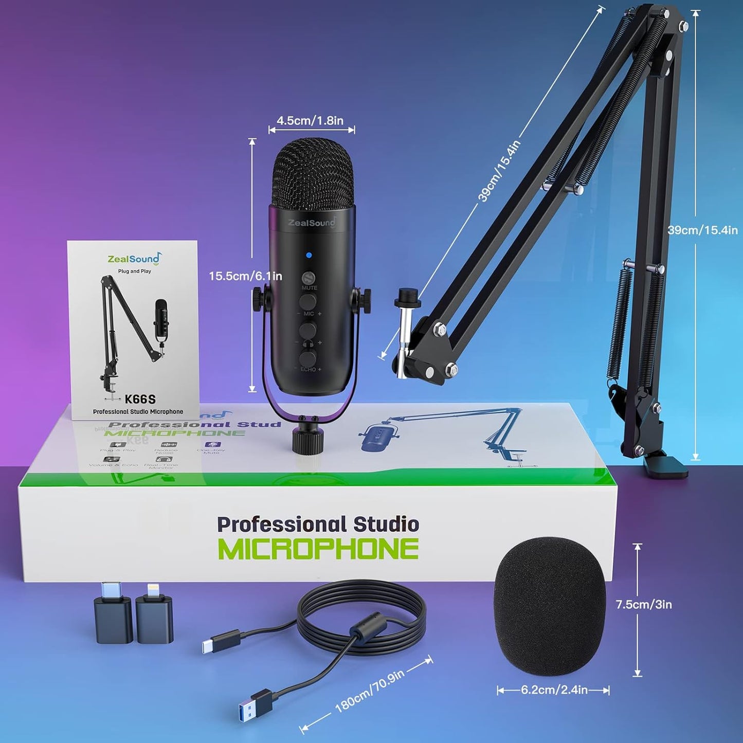 ZealSound USB Microphone,Condenser Phone Computer PC Mic kit,Plug&Play Gaming Microphones for PS 4&5.Mic Gain&Volume Control,Echo &Mute Button for Vocal,Record,Streaming,Discord YouTube Podcast on Mac