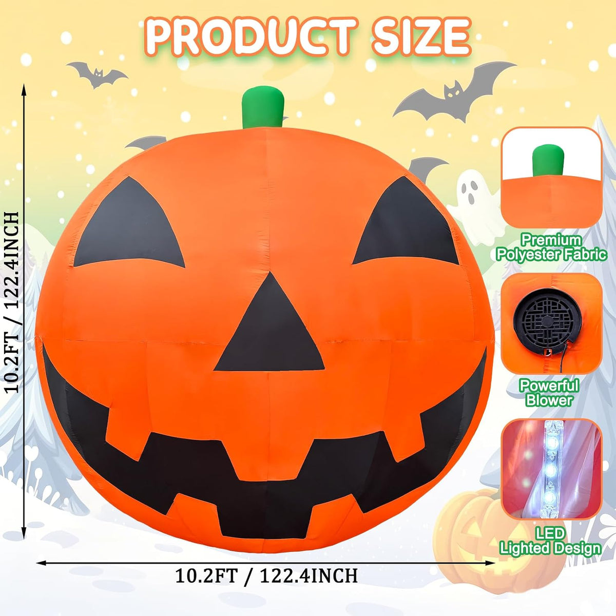 10.2 FT Halloween Giant Inflatable Pumpkin, Blow Up LED Light Pumpkin Halloween Party Supplies, Extra Large Inflatable Pumpkin for Outdoor Yard, Lawn, Garden, Fall Festival Decor& Commercial Use