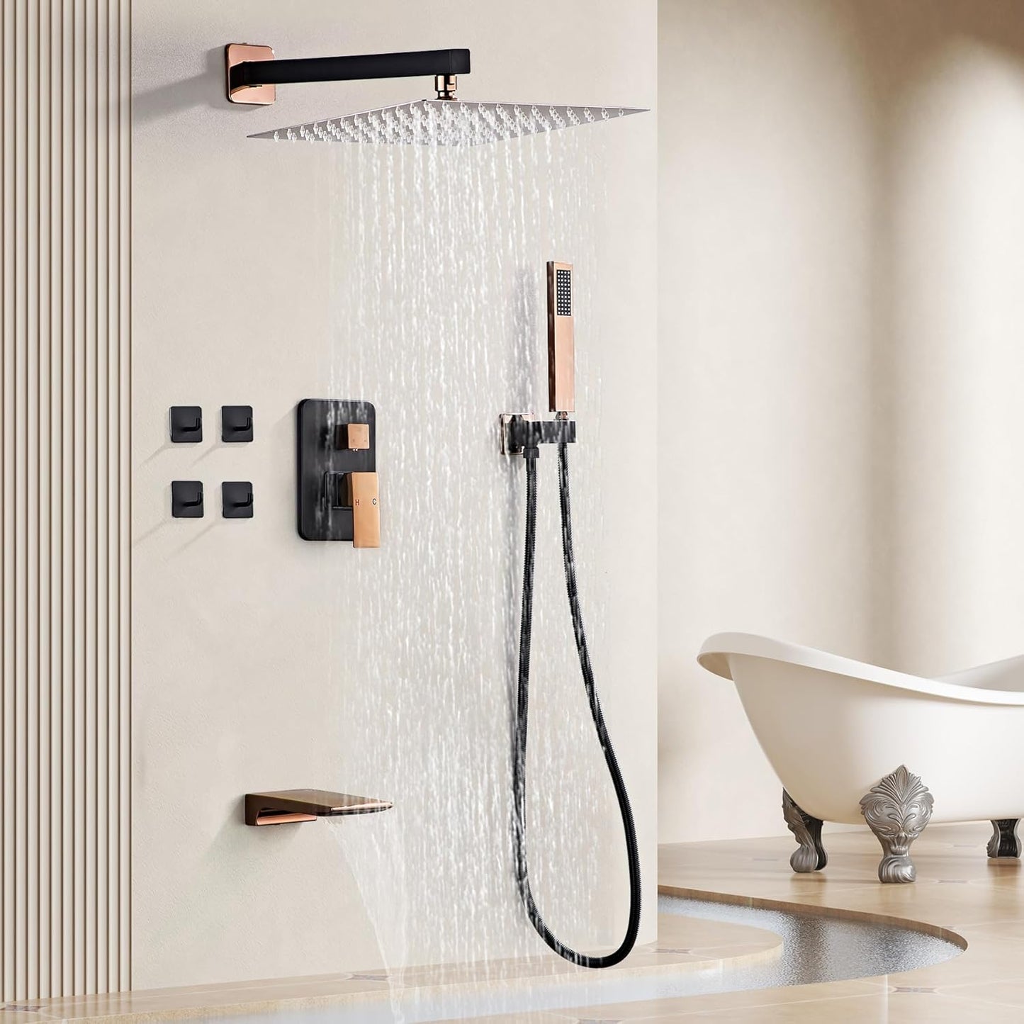 LCEVCGK Shower Faucet Set Complete Matte Black Shower System with 8 inch Square Rainfall Shower Head 3-Function Handheld Shower Waterfall Bathtub Spout Rain Shower Combo Set Bathroom Wall Mounted