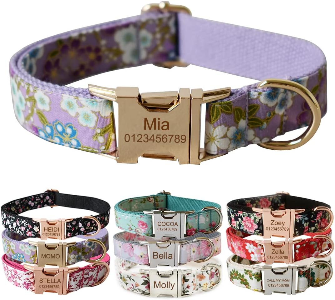 Custom Dog Collar with Metal Buckle - Pet Collars Personalized with Name and Phone Number (Plaid)