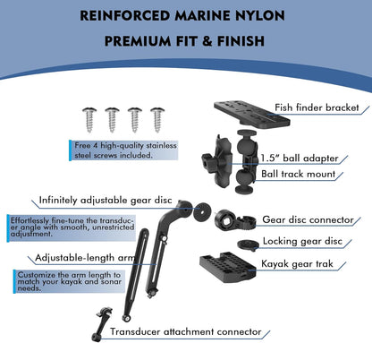 EDSRDPLT Universal Kayak Fish Finder Mount with Transducer Arm Adjustable 9–14” Tool-Free Rail Installation – Fish Finder Bracket for Kayaks, SUPs & Small Boats