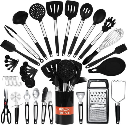 40PCs Silicone Cooking Utensils Set 446℉ Heat Resistance, RFAQK BPA Free Kitchen Utensils Set for Nonstick Cookware, Gadgets Includes Can Opener, Potato Smasher,Peeler,Tongs,Spatula Set,Pizza Cutter