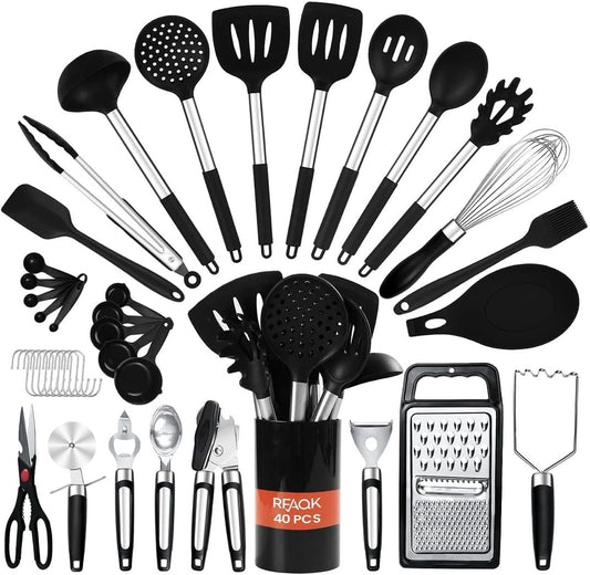 40PCs Silicone Cooking Utensils Set 446℉ Heat Resistance, RFAQK BPA Free Kitchen Utensils Set for Nonstick Cookware, Gadgets Includes Can Opener, Potato Smasher,Peeler,Tongs,Spatula Set,Pizza Cutter