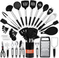 40PCs Silicone Cooking Utensils Set 446℉ Heat Resistance, RFAQK BPA Free Kitchen Utensils Set for Nonstick Cookware, Gadgets Includes Can Opener, Potato Smasher,Peeler,Tongs,Spatula Set,Pizza Cutter