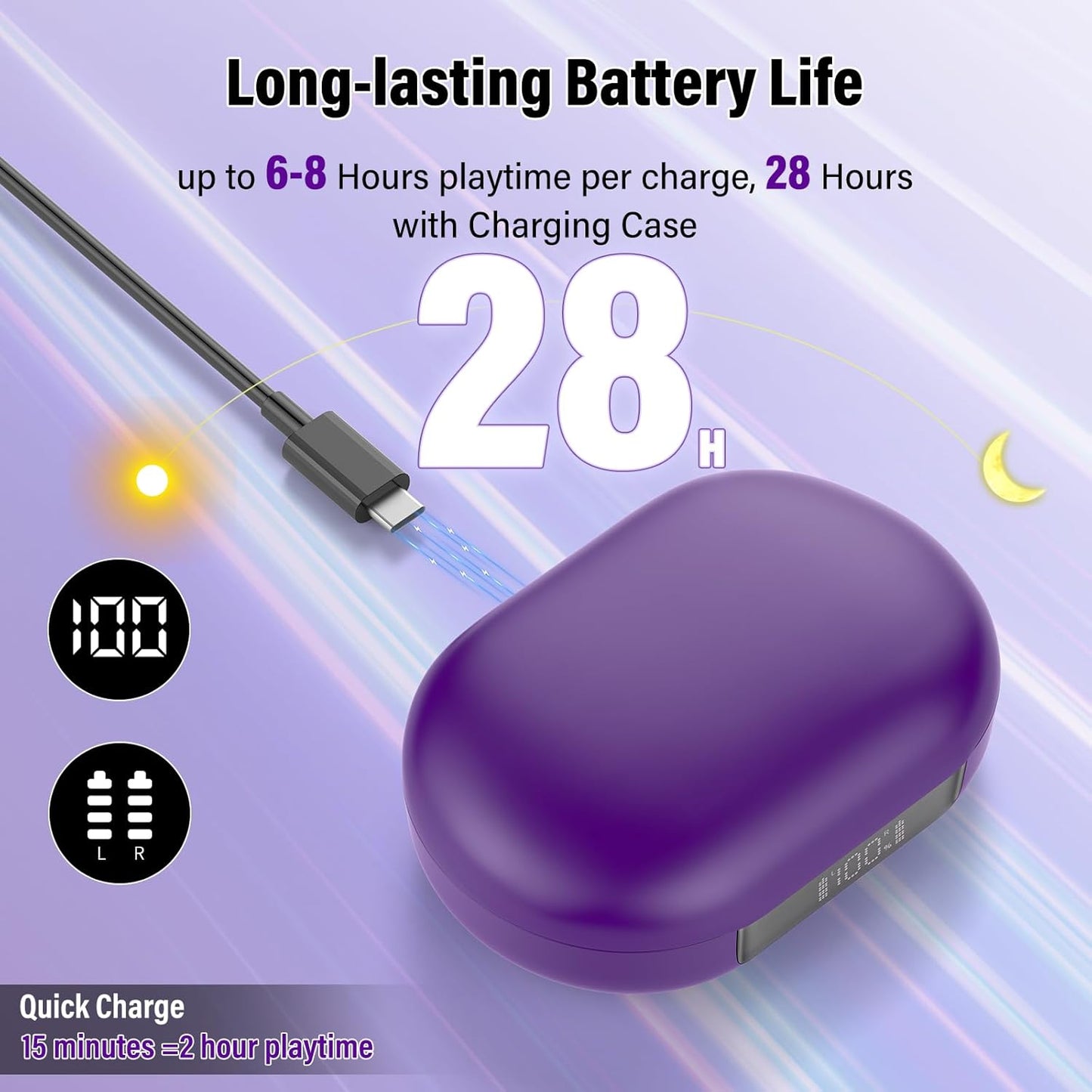 Open Ear Headphones, Bluetooth 5.4 Earphones 36H Playtime Air Conduction Headphones with Mic, Adjustable Earhook Earbuds with ENC Clear Calls/LED Display, IPX7 Waterproof Open Ear Earbuds Dark Purple