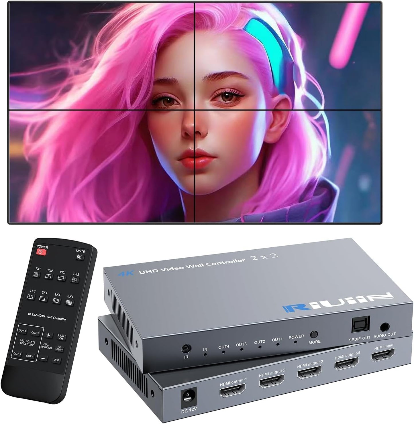 Video Wall Controller 2x2, HDMI 4K Input TV Wall Controller with 12 Modes, 180° Rotation, Edge Masking, Audio, IR Remote and 2x2,1x2,1x3,1x4,2x1,3x1,4x1 Modes, 4 tv Screens into 1 Wall Display