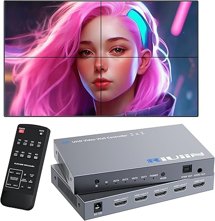 HDMI Video Wall Controller, RIUIIN TV Wall Controller, 4K TV Wall Processor, 180° Rotation, Audio, IR Remote, 2x2,1x2,1x3,1x4,2x1,3x1,4x1, Make 4 tv Screens into Wall Display