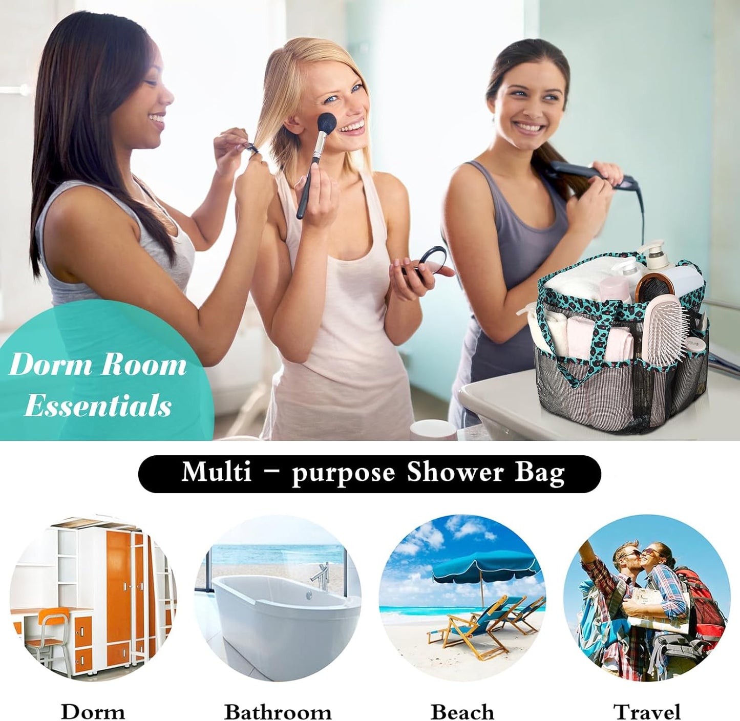 Attmu Mesh Shower Caddy Portable for College Dorm Room Essentials with 8 Pockets, Hanging Shower Caddy Basket Tote Bag Toiletry Accessories for Bathroom
