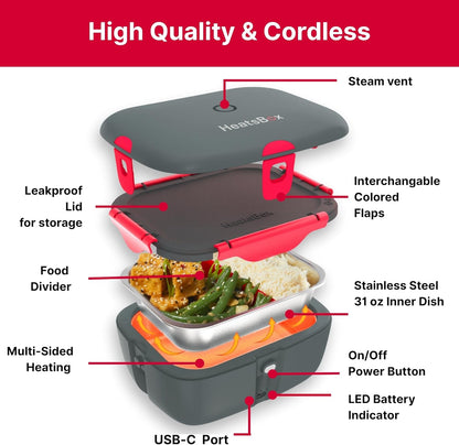 HeatsBox Electric Lunch Box 100W Portable Food Warmer | App Control | Car, Truck, Office, Outdoor Work | 31oz Stainless Steel Battery Powered Self Heating Lunchbox | 12V 24V 110V | Ideal Gift