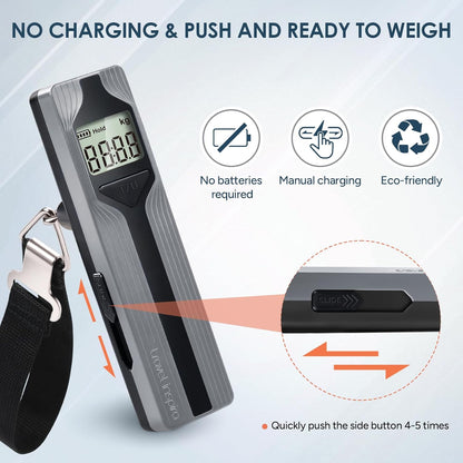 travel inspira Luggage Scale Battery-Free, Travel Essentials, Portable Handheld Digital Suitcase Weight Scale for for Travel Accessories, 110lbs/50kg (Gray)