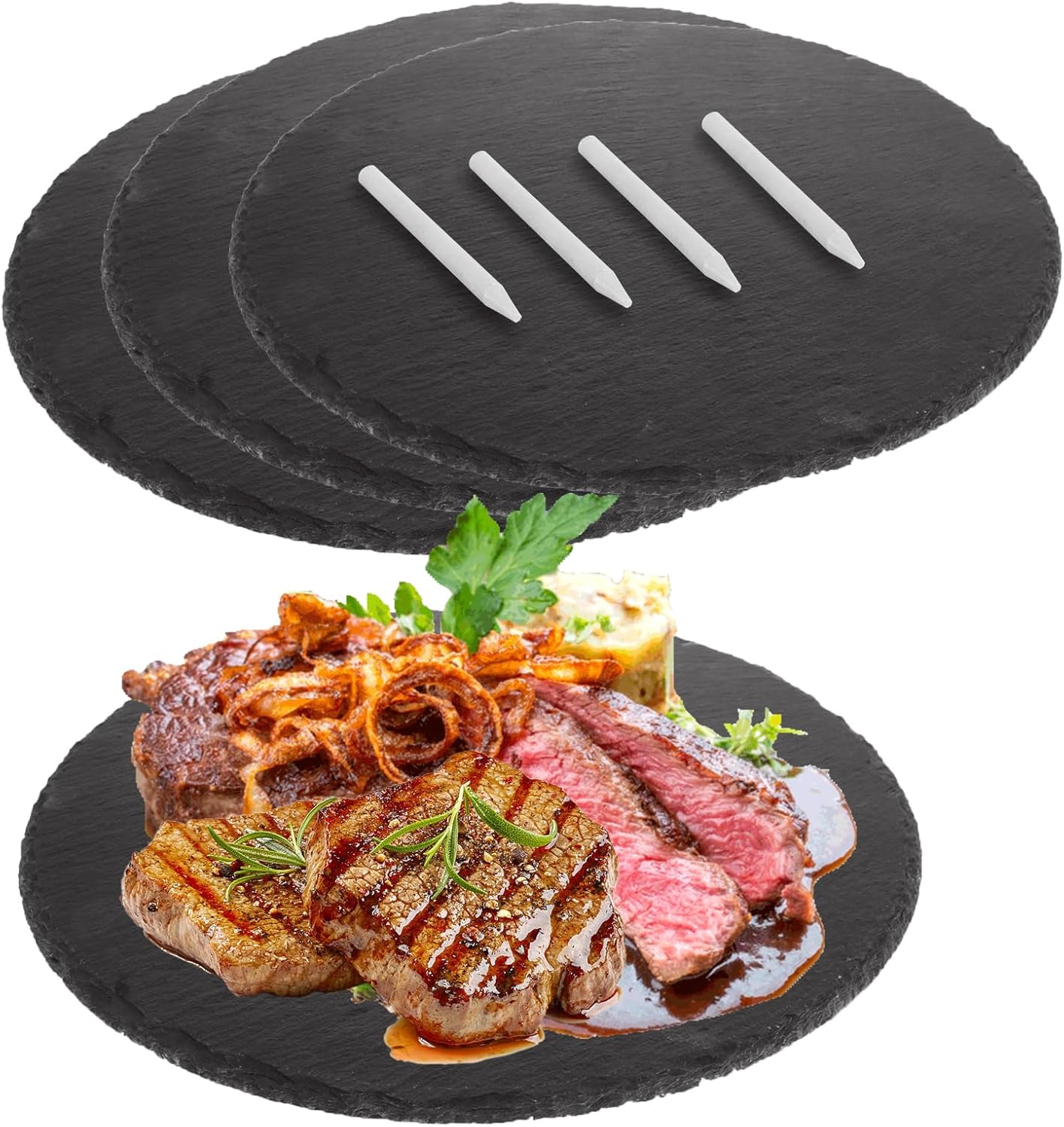 4 Pcs 11 x 11 Inch Round Slate Cheese Boards Black Stone Plates Charcuterie Boards Serving Tray Display Chalkboard with Soapstone Chalk Platter Display Chalkboard for Meats Appetizers Dried Fruits