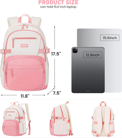 WINDARS Backpack for School Girls, Cute High School Backpacks for Teens Women Student Large Bookbag 15.6 Inch Laptop Bag with USB Charger Port for College Work Travel Trip (Beige Khaki)