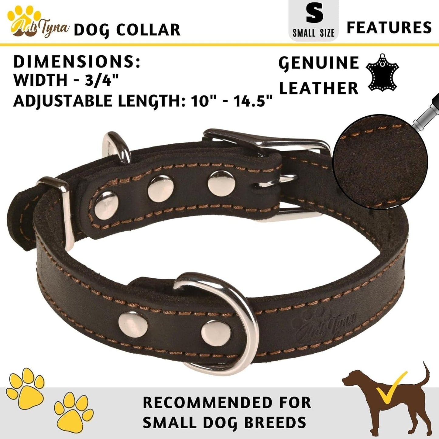 ADITYNA Heavy-Duty Leather Dog Collar for Medium Dogs - Soft and Strong, 100% Genuine Leather - Collier Pour Chien (Medium: Fit 13" - 20" Neck, Brown)