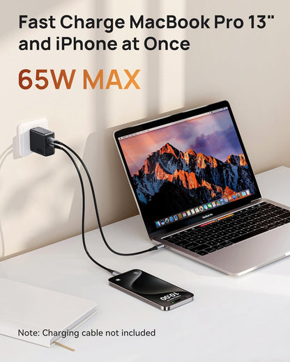 INIU 65W USB C Charger, 2-Port Fast GaN Charger Compact Foldable Charger Block for MacBook Pro/Air, Tablet iPad, Galaxy S24/S23/S22, Dell XPS 13, iPhone 16/15, Pixel, Steam Deck