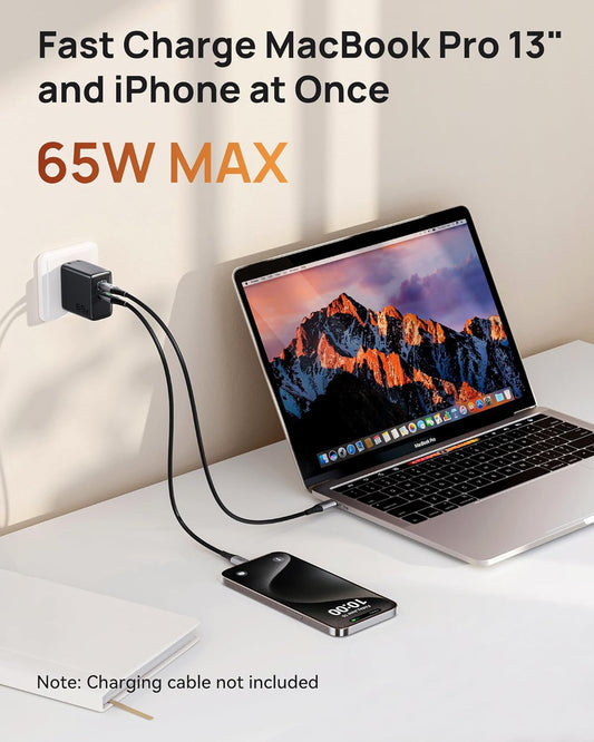 INIU USB C Charger, 65W Fast Charging GaN Wall Charger, 2-Port Compact Foldable PD PPS Charger Block for MacBook Pro/Air, iPad Pro, iPhone 16/15, Galaxy S23, Dell XPS 13, Note 20/10+, Steam Deck - PuriLite