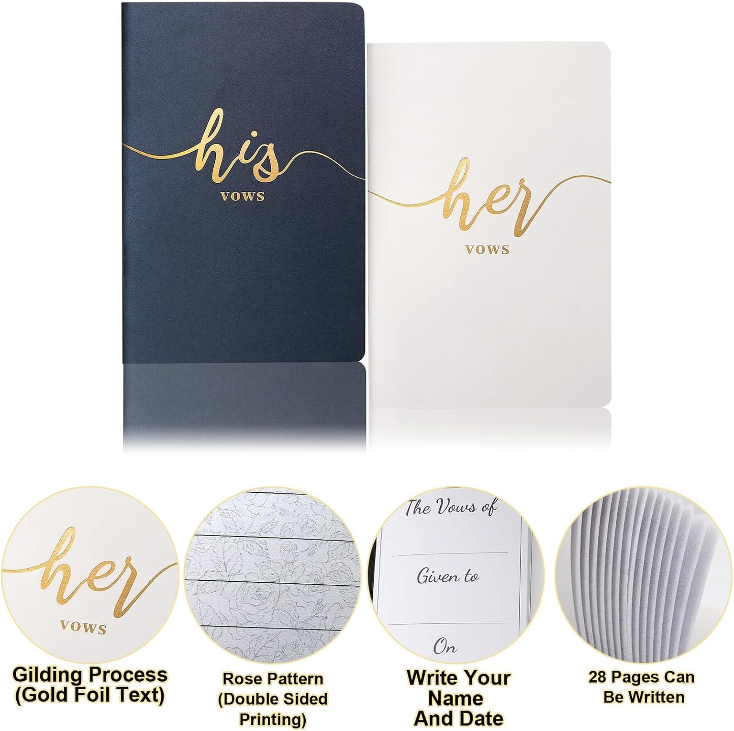 Vekola Vow Books for Wedding His and Hers Elegant Gold Foil Set of 2 Wedding Notebook with 28 Pages (Navy Blue+White)