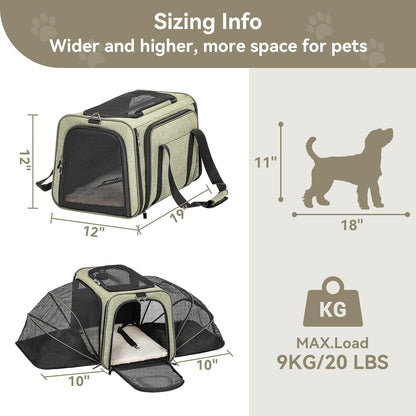 Petsfit Expandable Cat Dog Carrier Airline Approved, 17" L x 11" W x 11" H Soft-Sided Portable Pet Travel Carrier for Kitten, Puppy, Removable Soft Plush Mat and Pockets, Auto-Locking Zippers