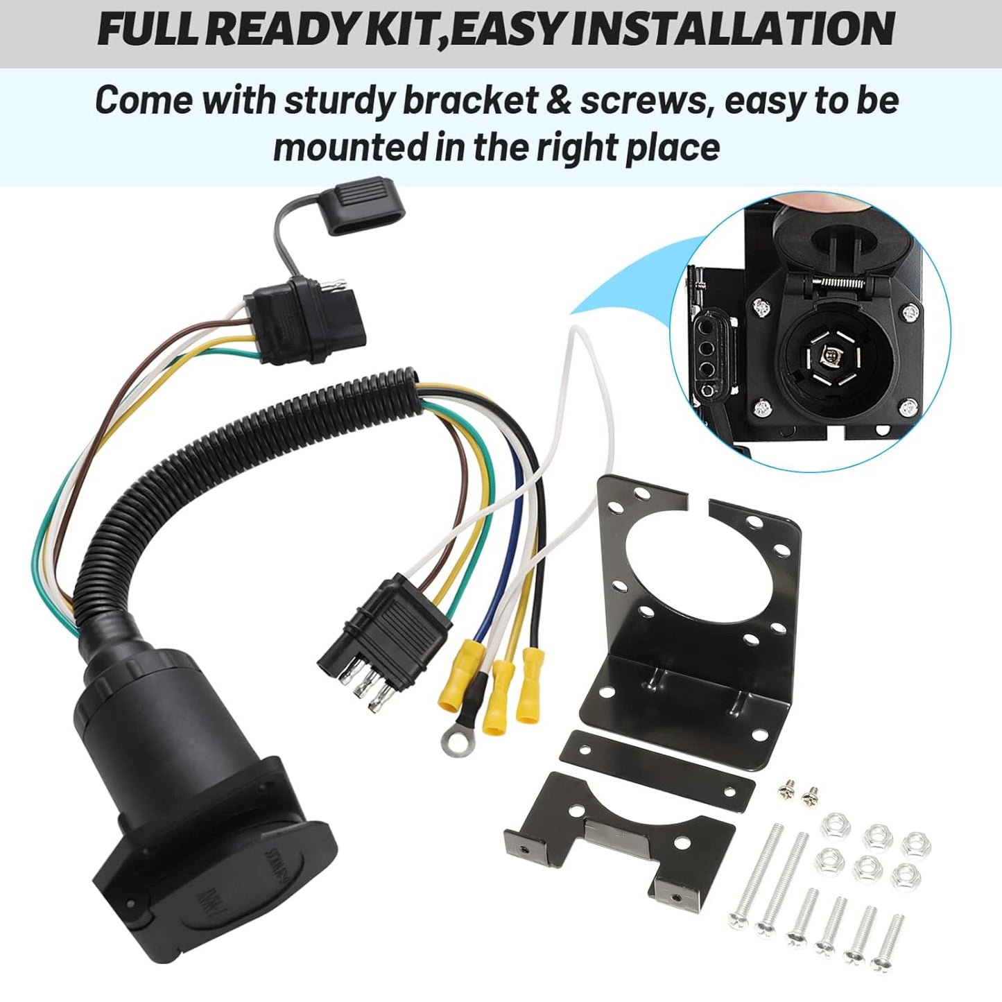 MECMO Multi-Tow 4-Way Flat to 7-Way RV Blade and 4-Way Flat Female End Trailer Wiring Adapter Connector Kit, 4 Pin Vehicle-Side Trailer Light Plug to Dual-output 7 Blade & 4 Flat with Mounting Bracket