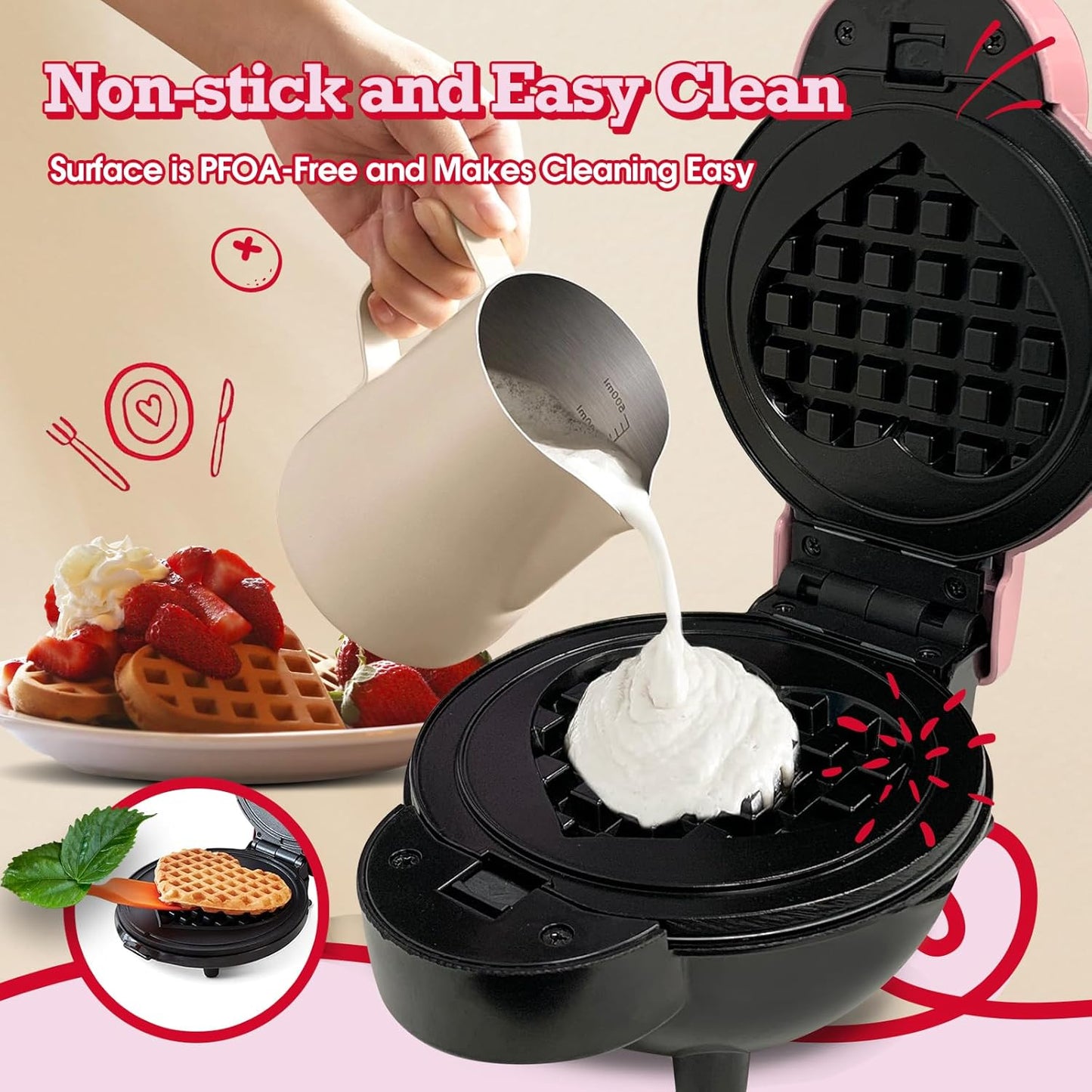 GVAKMM Mini Waffle Maker(Heart),Small Waffle Maker Keto,Mini Wafflera Iron for Kids Family and Individuals,4'' Non Stick Cooking Plates with Fast & Even Heating(Pink)