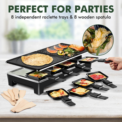 Raclette Table Grill, CUSIMAX Electric Indoor Grill, Portable Korean BBQ Grill with 2 in 1 Reversible Non-stick Plate& Natural Grill Stone, 1500W Electric Party Grill, 8 Raclette Pans& Wooden Spatulas