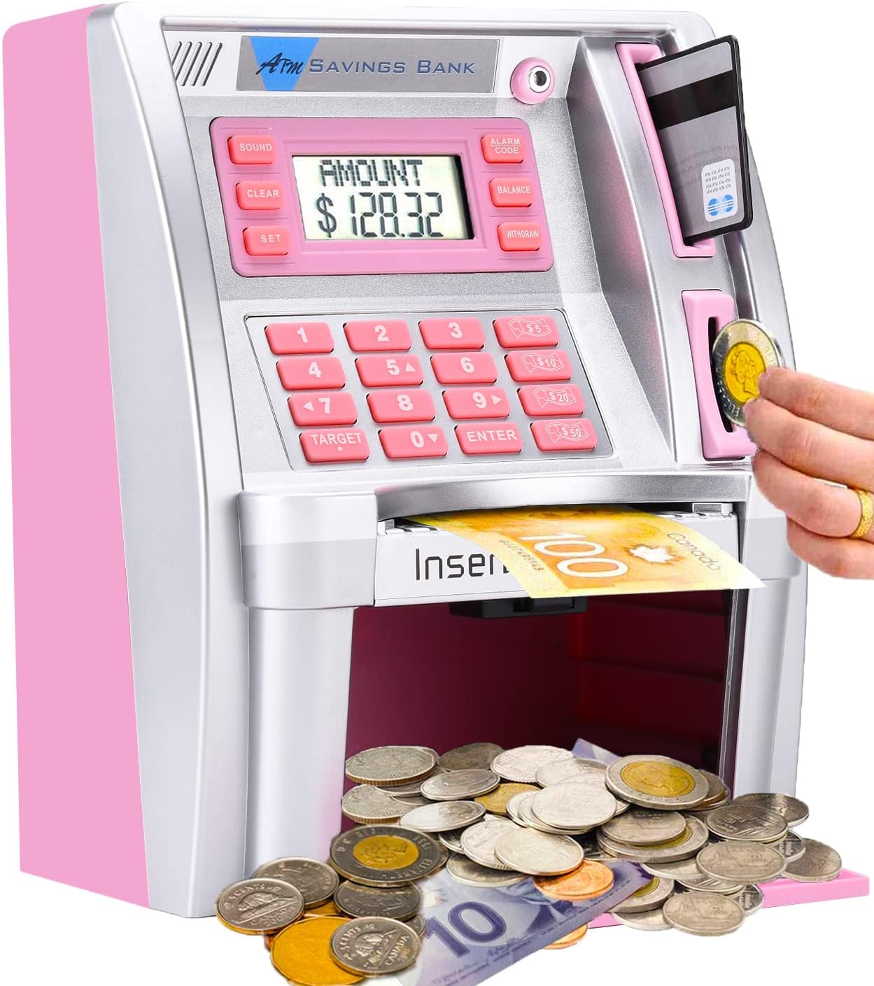 Canadian Dollar ATM Piggy Bank for Kids with Debit Card, Coin Recognition & Bill Slot, Electronic Digital Money Savings Bank with PIN Code Lock and Power-Off Memory (Silver/Pink) - PuriLite
