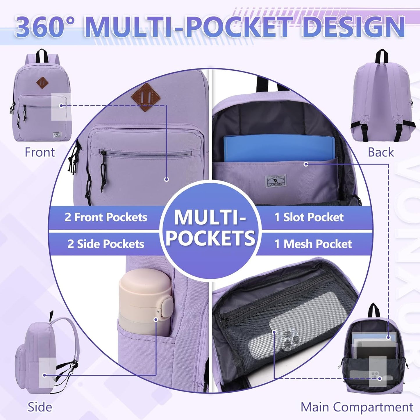 School Backpack for Kids,Lightweight Water Resistant Work Travel Backpack for Women Men Teens VONXURY