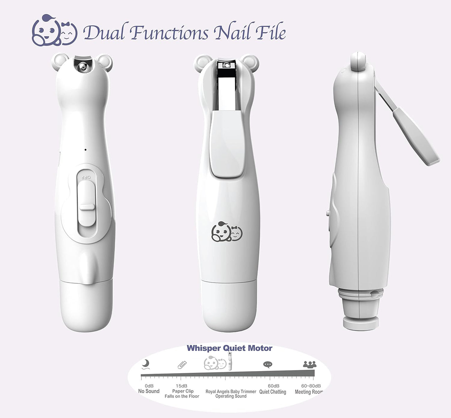 Royal Angels Rechargeable Baby Nail Clippers 20 in 1, Safe Electric Nail Trimmer, Baby Nail Kit, Additional Replacements, Newborn Toddler Toes and Fingernails, Trim and Polish (Rechargeable, Snow)