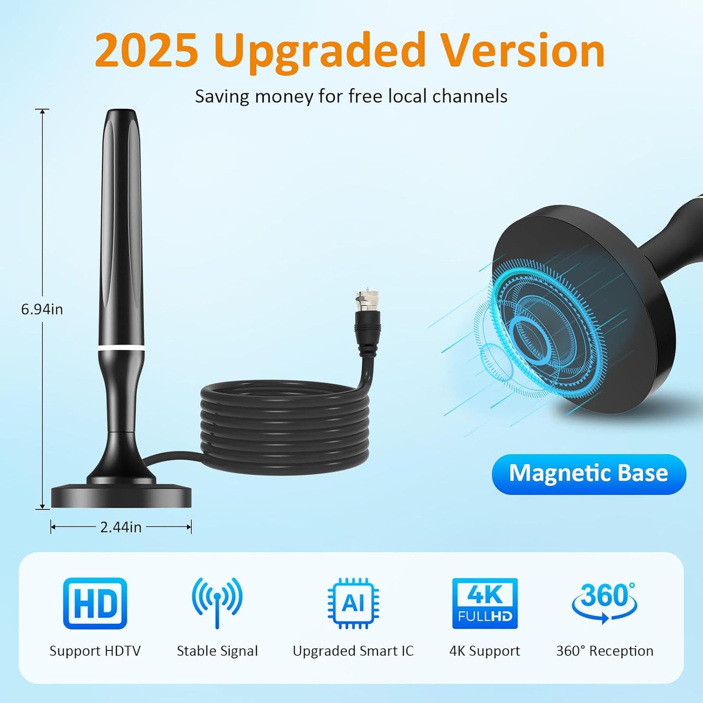 2025 TV Antenna for Free Channels, 260+ Miles Long Range + 360° Reception, Indoor & Outdoor HD Digital Antenna with Magnetic Base, Support 4K 1080P Smart TV - 3M Coax Cable