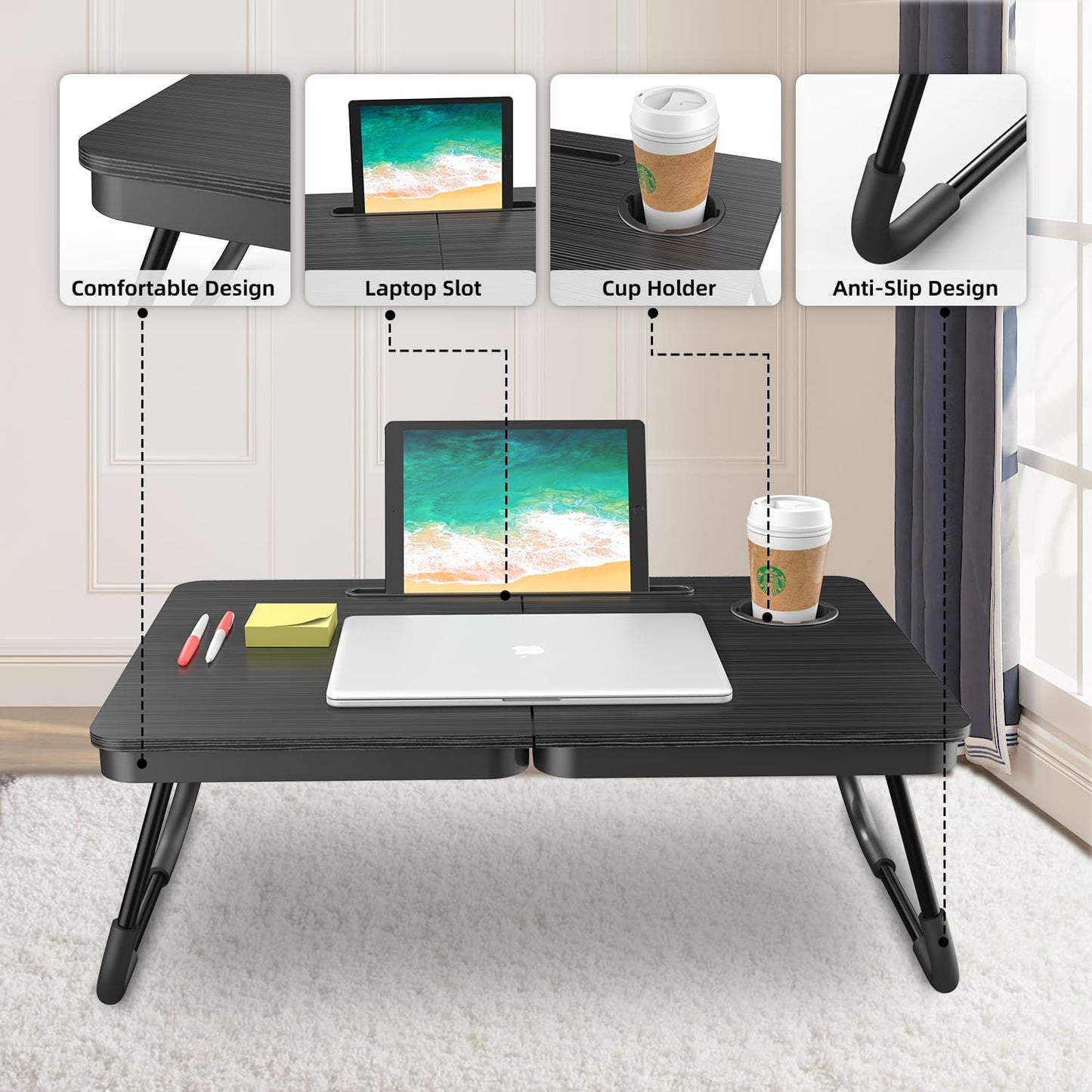 BUYIFY Portable Foldable Laptop Desk for Bed and Couch, Adjustable Lap Desk with Cup Holder and Phone Holder, Ideal for Working, Reading, Writing, and Breakfast (Black)-USA Original Patent