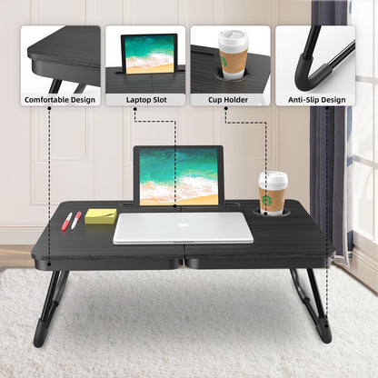 BUYIFY Portable Foldable Laptop Desk for Bed and Couch, Adjustable Lap Desk with Cup Holder and Phone Holder, Ideal for Working, Reading, Writing, and Breakfast (Black)-USA Original Patent