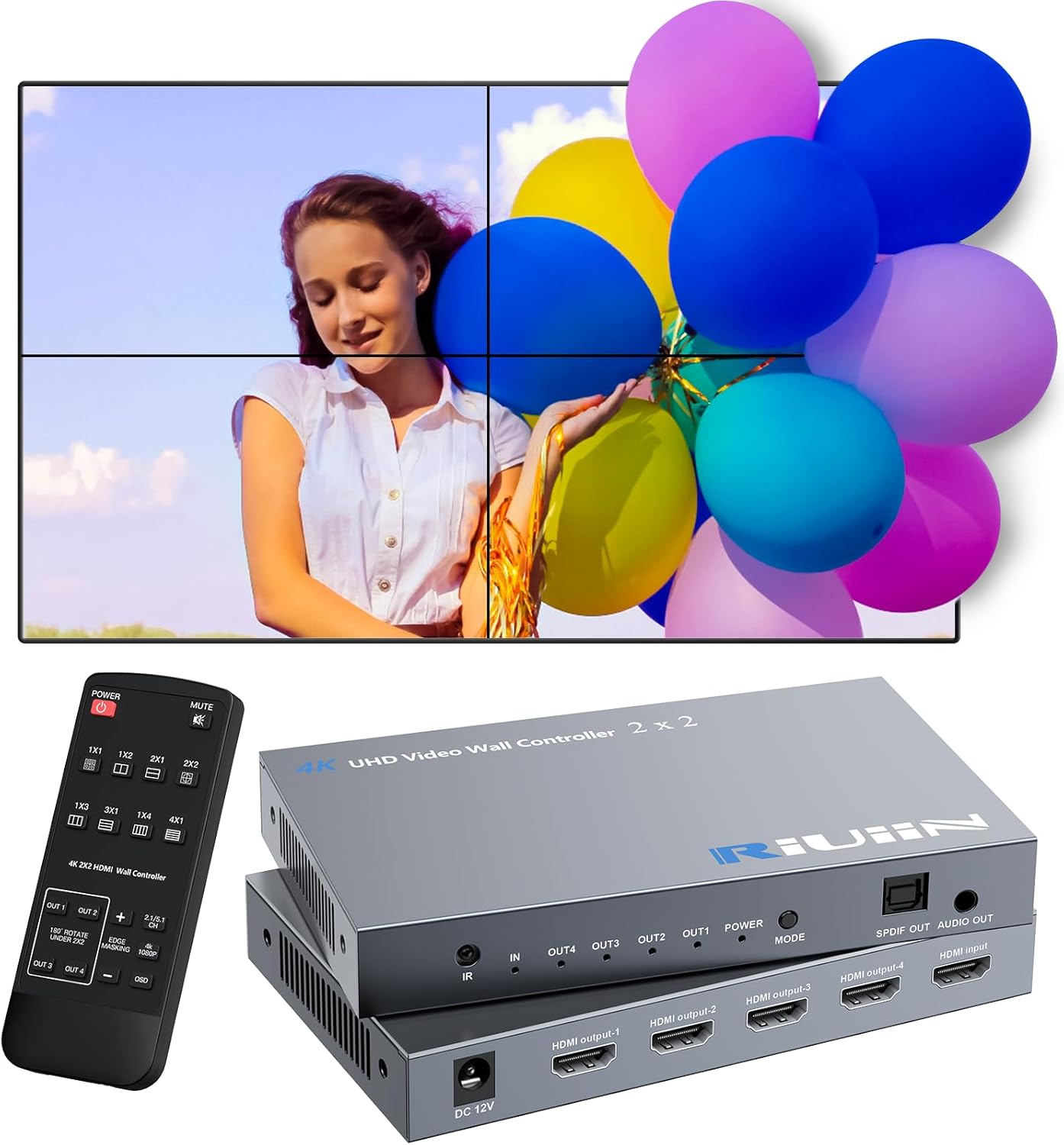 Video Wall Controller 2x2, HDMI 4K Input TV Wall Controller with 12 Modes, 180° Rotation, Edge Masking, Audio, IR Remote and 2x2,1x2,1x3,1x4,2x1,3x1,4x1 Modes, 4 tv Screens into 1 Wall Display