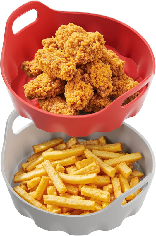 Li&Zhao Silicone Air Fryer Liners Reusable - 2 PCS Round Air Fryer Inserts Air Fryer Accessories 4 to 7 Qt Silicone Liners for Air Fryer Basket(Red & Gray)