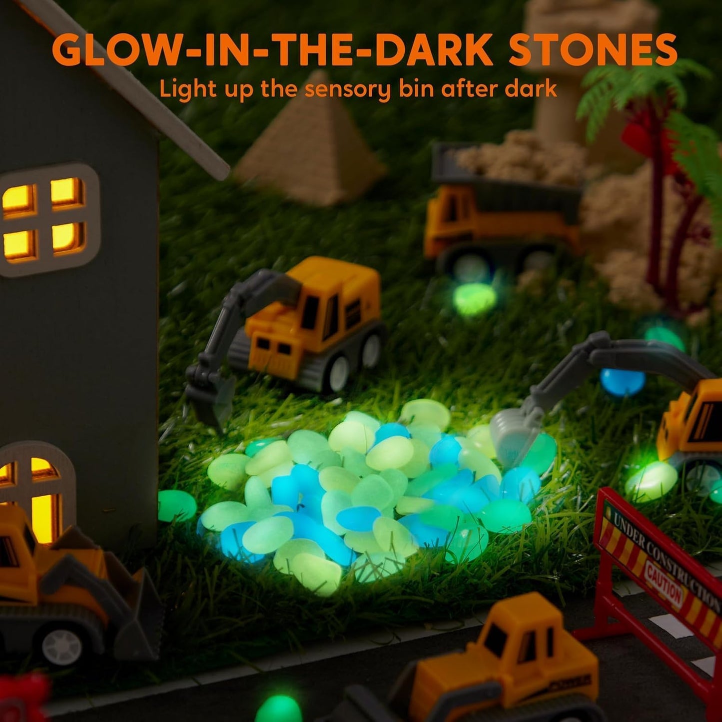 Klever Kits Construction Sensory Bin for Toddlers with Glow in The Dark Stones, Sandbox with Lid Magic Sand Castle Building kit, Preschool Learning Activities for Boys Girls Age 3+