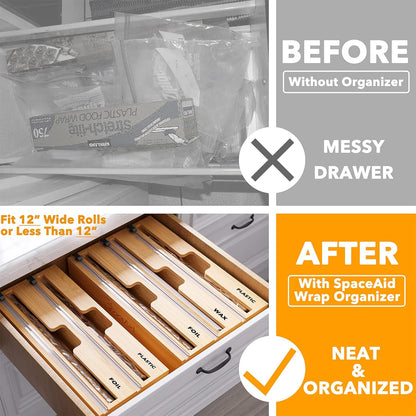 3-in-1 Bamboo Wrap Organizer with Built-In Cutters and Labels – Plastic Wrap, Aluminum Foil and Wax Paper Dispenser for 12-Inch Rolls - PuriLite