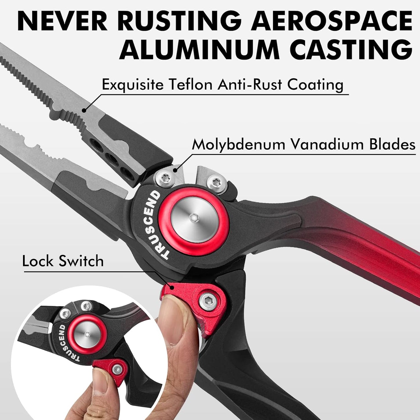 TRUSCEND Lockable Handy Fishing Pliers with Innovative Ergonomic Handle, Saltwater Corrosion Resistant Teflon Coated Fishing Tool, Multi-Function Fishing Gear with Mo-V Cutter, Amazing Fishing Gift