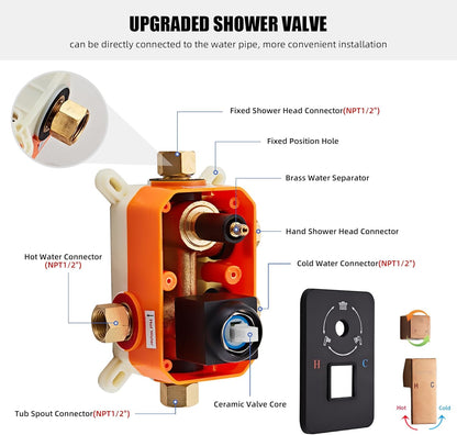 LCEVCGK Shower Faucet Set Complete Matte Black Shower System with 8 inch Square Rainfall Shower Head 3-Function Handheld Shower Waterfall Bathtub Spout Rain Shower Combo Set Bathroom Wall Mounted