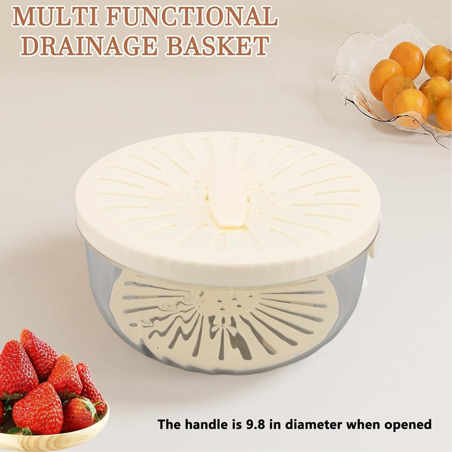 Fruit Vegetable Draining Bowl, Kitchen Strainer with Foldable Handle, Lid, Drain Tray, Rotating Fruit and Vegetable Washing Colander for Salad Mixing, Fruit Washing (White)