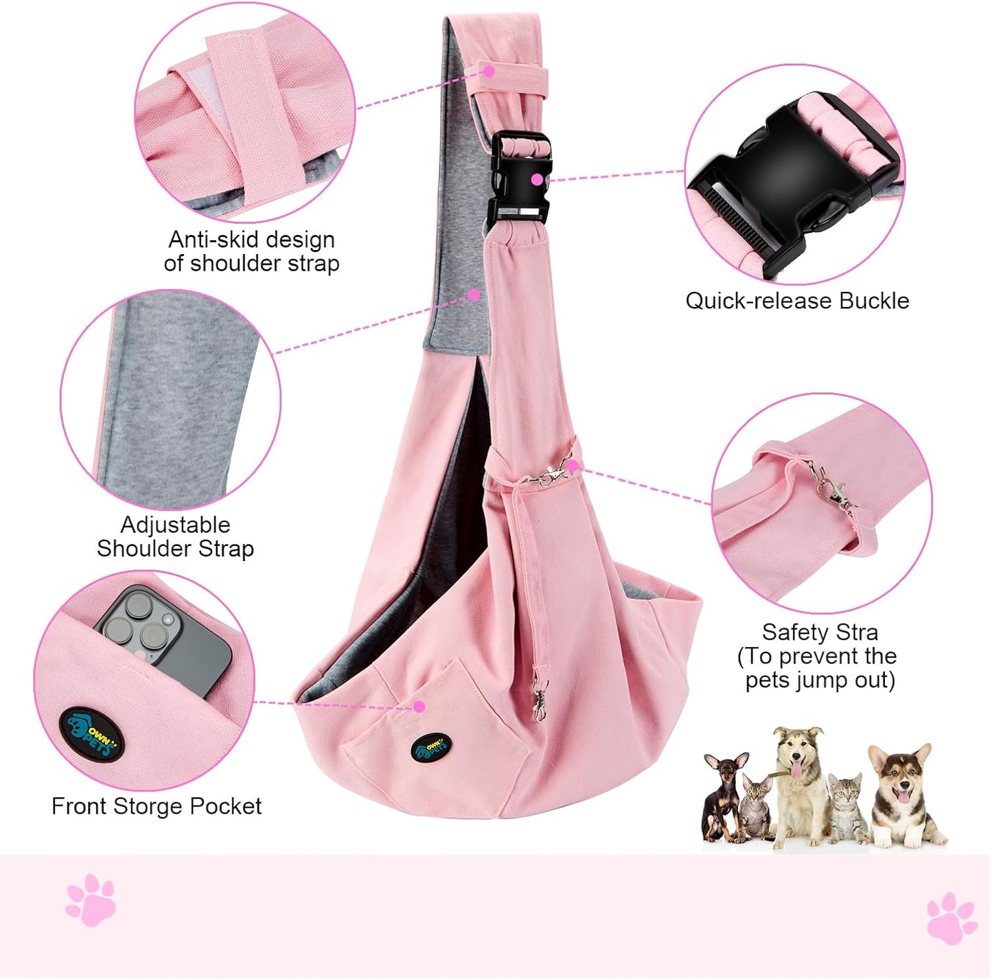 Ownpets Pet Sling Carrier Bag Safe, Fit Medium&Small Size Cats&Dogs, The Maximum Load 9~13lb Comfortable, Adjustable, Perfect for Daily Walk, Outdoor Activity and Weekend Adventure, Pink