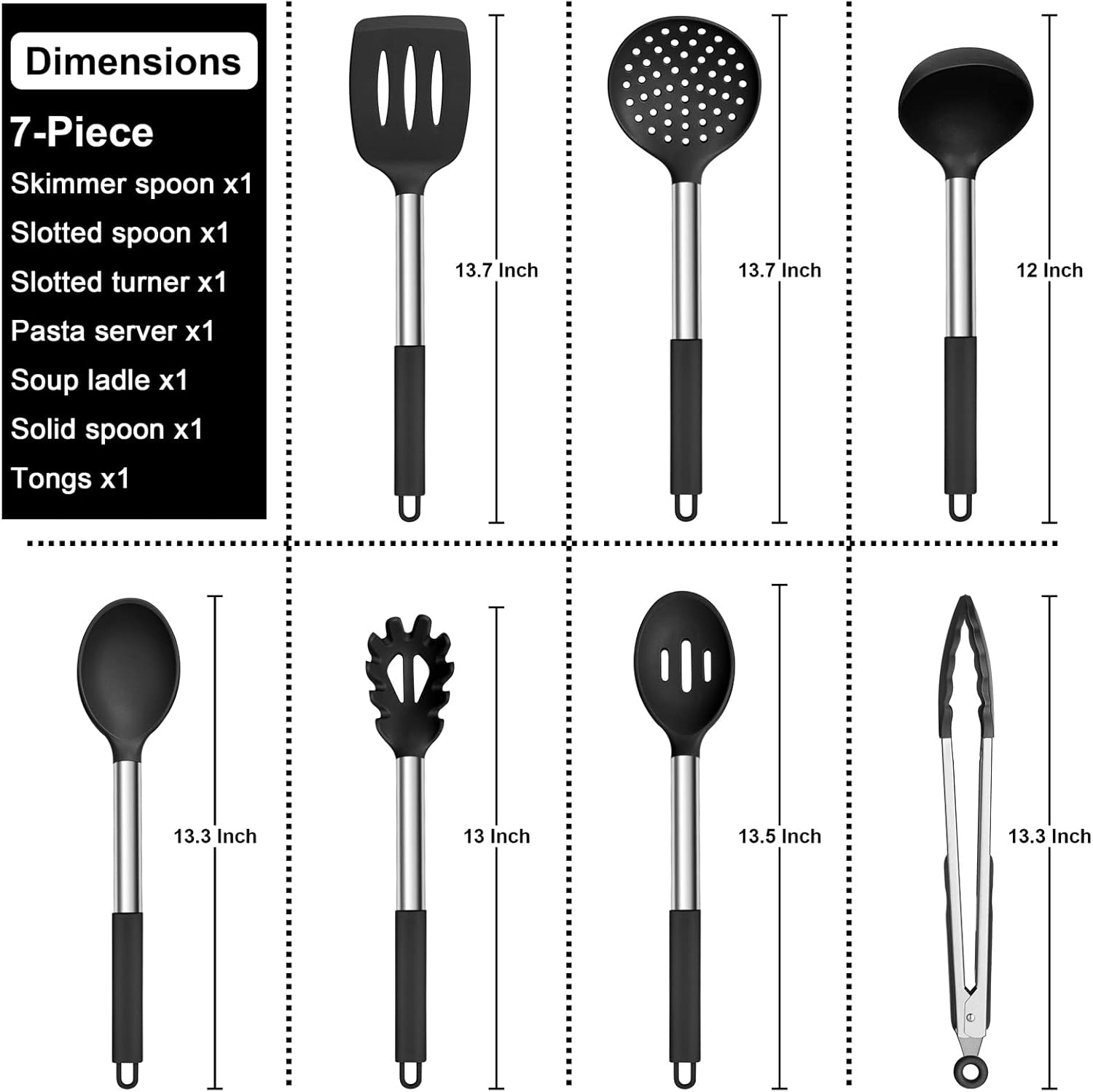 Silicone Cooking Utensils Set | Heat Resistant Kitchen Tools | Non Stick Cookware Utensils | Stainless Steel Handle Utensils | 7 Piece Cooking Set - PuriLite