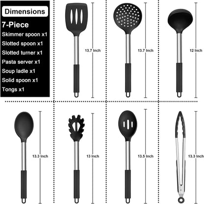 Silicone Cooking Utensils Set | Heat Resistant Kitchen Tools | Non Stick Cookware Utensils | Stainless Steel Handle Utensils | 7 Piece Cooking Set - PuriLite