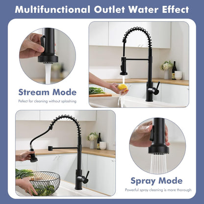 GIMILI Matte Black Kitchen Faucet with LED Light,Single Hole Spring Kitchen Sink Faucet with Pull Down Sprayer