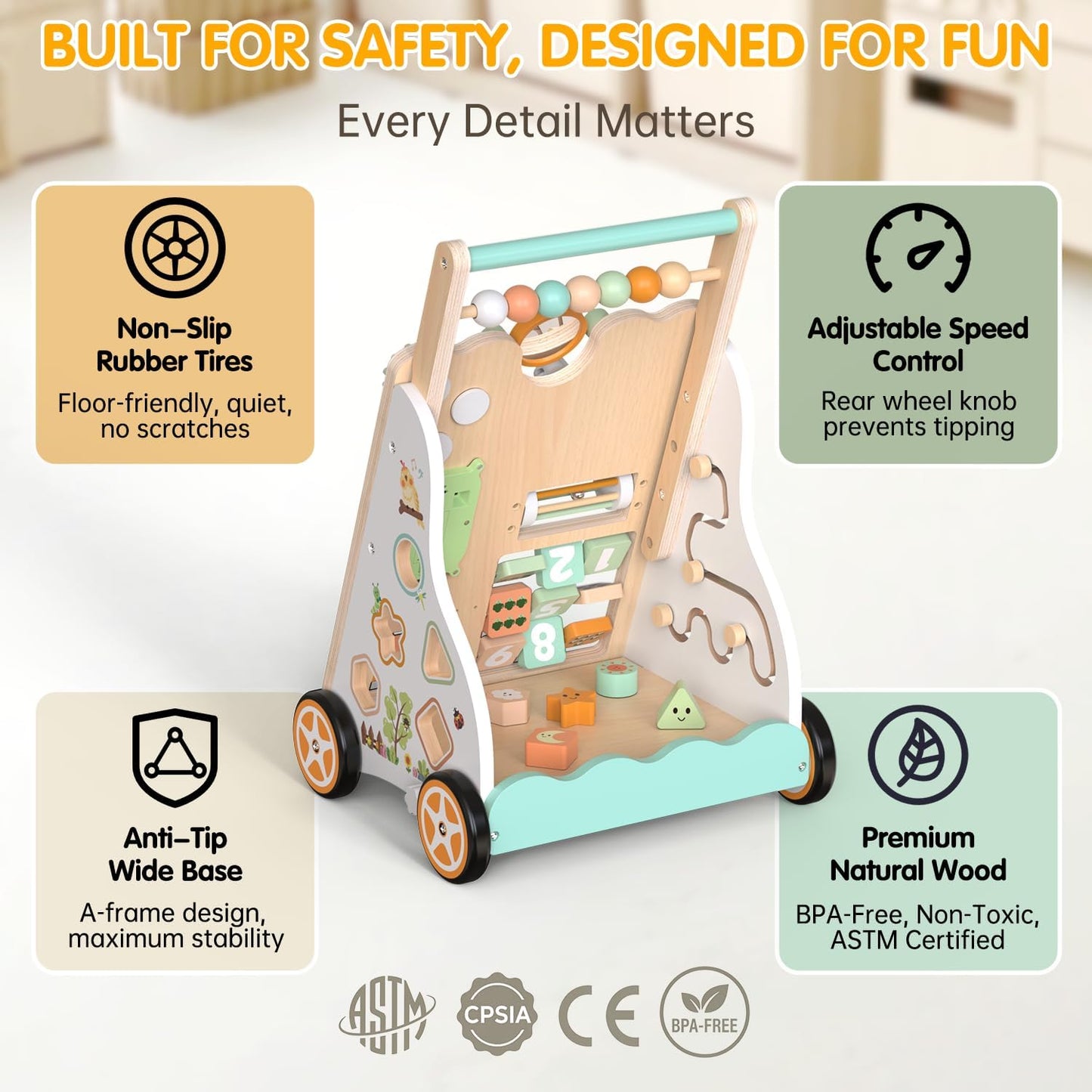 Weilim Wooden Baby Walker, 10-in-1 Montessori Push Walker for Toddlers 1+ Activity Center with Xylophone, Shape Sorter, Gears | Adjustable Speed & Height | Natural Wood Learning Walking Toy